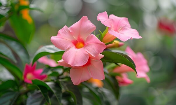 Pink mandevilla flower in bloom, Generative AI