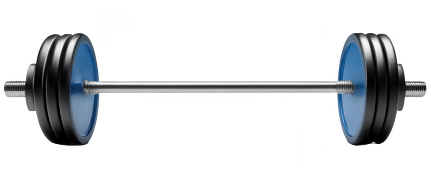 Barbell with black and blue weights for bodybuilding isolate on transparent background, cutout, png 