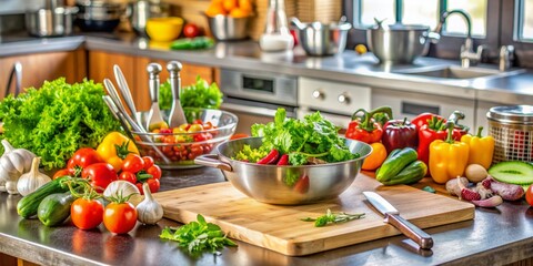 Fresh vegetables are arranged on a modern kitchen counter, surrounded by utensils and cutting boards, as a half-prepared salad takes shape in a sleek stainless steel bowl.