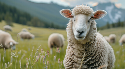 Obraz premium Sheep on a Pasture in the Mountains Looking at Camera, Rural Farming, Countryside Livestock, Scenic Mountain Landscape, Animal Portrait