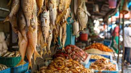 Fresh fish hanging at a bustling marketplace.