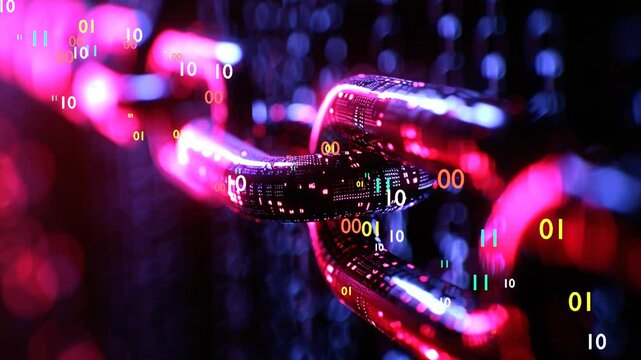 6 seconds of high technology block chain with binary code flying along it's length, online crypto currency concept hd video 1920 1080 animation motion graphics 