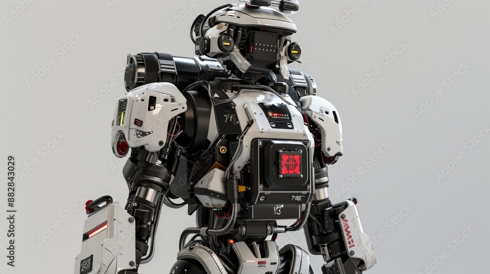 Poster a detailed 3d model of a futuristic firefighting robot, equipped with advanced sensors and firefight