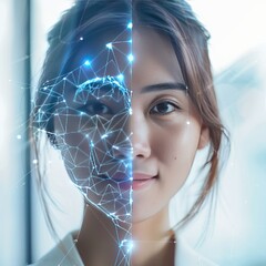 A women face is rendered in a futuristic style, with a network of blue lines and dots connecting her features