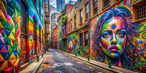 Fototapeta premium Vibrant street art and graffiti transform a gritty, urban alleyway into a kaleidoscope of colors, reflecting the dynamic, rebellious spirit of the city's unbridled creativity.