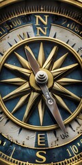 Obraz premium Close-up of an antique brass compass, showing intricate details of the compass rose and directional markings.