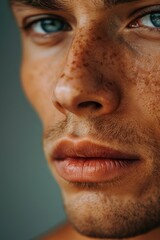 Fototapeta premium close up of man's face with clean shaven chin, no hair on his jawline, closeup shot, skin care commercial, 