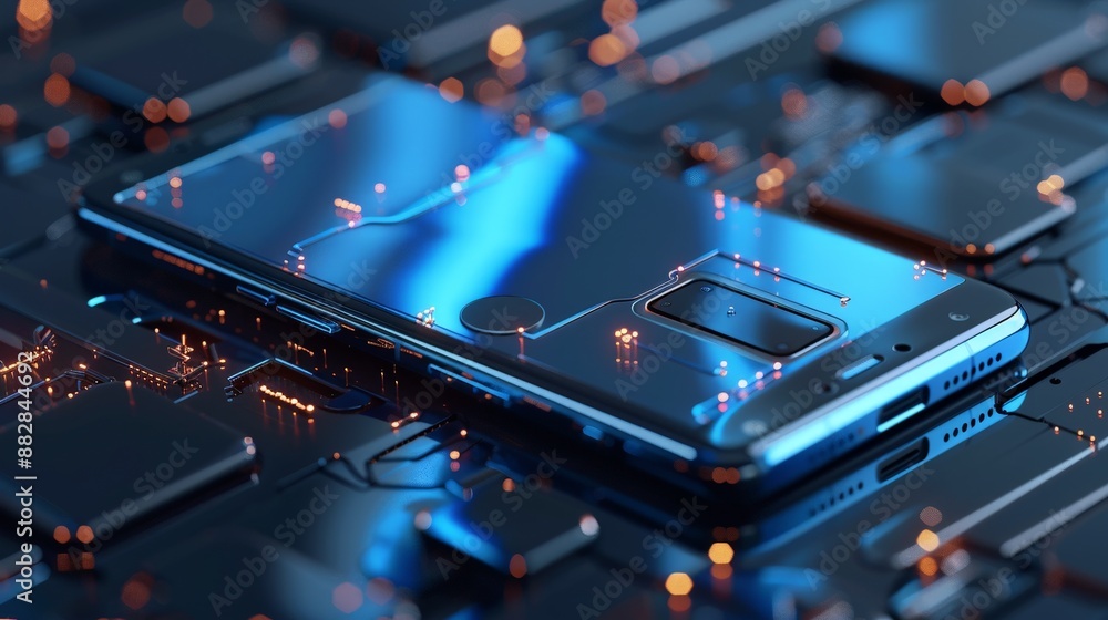 Poster a detailed 3d rendering of a next-gen smartphone, highlighting its sleek design and cutting-edge fea