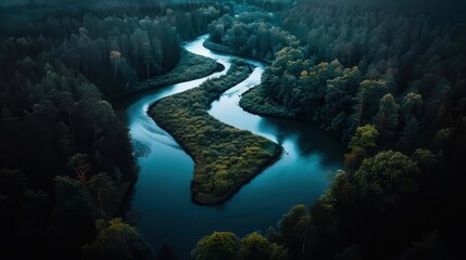Fototapeta premium Drone Photography The winding path of a river through a dense forest, viewed from above, a metaphor for lifes journeys