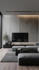 Modern living room interior with grey sofa, coffee table, and TV on a concrete wall.