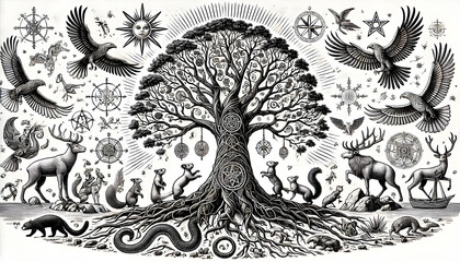 Fototapeta premium Intricate Black and White Illustration of a Tree of Life Surrounded by Animals and Mythical Symbols