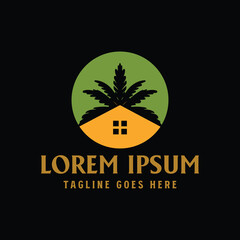 Circular Sunset with Palm Coconut Tree and House for Villa Hotel Inn Resort Icon Symbol Illustration