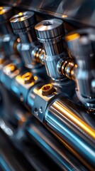 Close-up of shiny metal engine components, highlighting intricate details.
