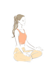 This illustration depicts a young woman doing yoga. She has her eyes closed and is sitting cross-legged, engaging in a mind-soothing exercise.