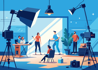 commercial video film movie making lighting set professional studio production big working people silhouette scenes behind television camera motion picture equipment crew photo light