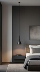 Minimalist bedroom interior with a black pendant lamp and gray bedding.