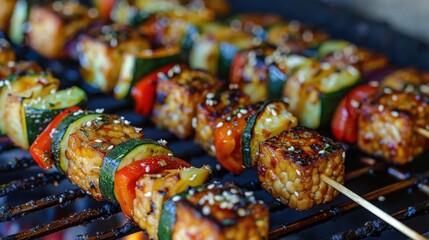 Grilled vegetables and tempeh skewers, vibrant and smoky, plant based protein, summer BBQ