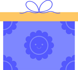 Gift box with ribbon bow and smiley flower on wrapping paper