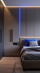 Modern bedroom interior with blue LED lighting and wooden floor