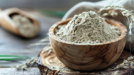 Fototapeta premium Plant based protein powder in a wooden bowl with a rustic background, highlighting natural ingredients, Plant based protein, Health and wellness