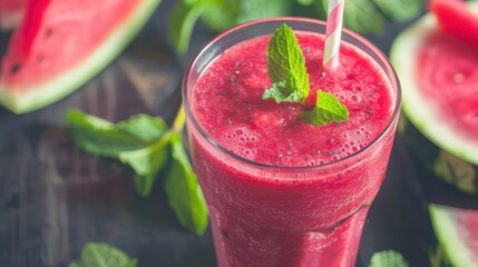 Refreshing watermelon smoothie with mint and plant based protein, hydrating, summer drink