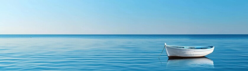 Naklejka premium A serene scene of a small white boat floating on calm blue waters under a clear sky, creating a peaceful and tranquil atmosphere.