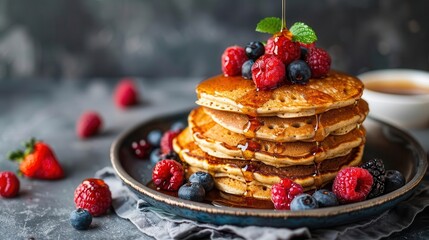 Vegan protein pancakes stacked with syrup and berries, mouth watering and healthy, Vegan protein pancakes, Healthy breakfast