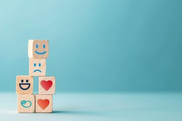A stack of wooden blocks with various symbols painted on them. The top block displays a smiley face, followed by a frowning face, then a smiley face again. The bottom two blocks show hearts.