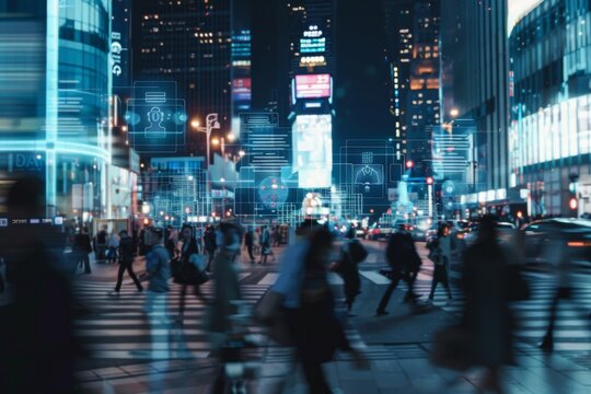 Pedestrians cross a busy city street, their forms blurred as they move through a neon-lit landscape adorned with digital overlays.