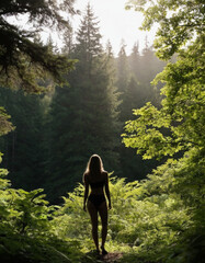 Fototapeta premium The silhouette of a woman with a lush forest scene filling her form, isolated on a white background.