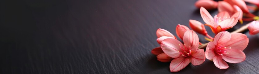 Obraz premium Beautiful close-up of delicate pink flowers on a dark textured background, showcasing natural beauty and tranquility in minimalist design.