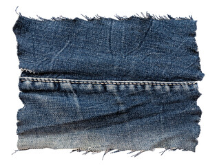 Piece of torn denim on a white background. Denim texture