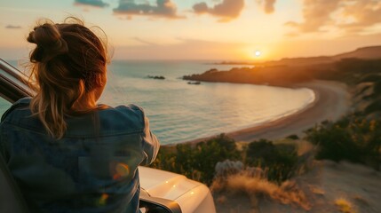 A woman embracing the adventure of a summer road trip, positioned next to her parked car while watching a stunning sunset over the Italian coastline. The image showcases the back of the woman as she