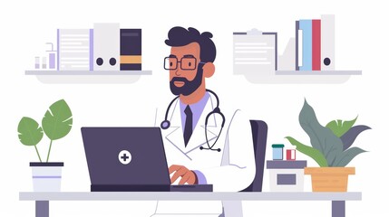 Fototapeta premium A male doctor in a white coat is sitting at his desk working on a laptop computer.
