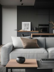 Modern living room with gray sofa, wooden coffee table, and black decor.