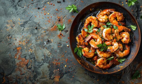 Gambas al Ajillo - Spanish shrimps with garlic sauce, traditional food on rustic background