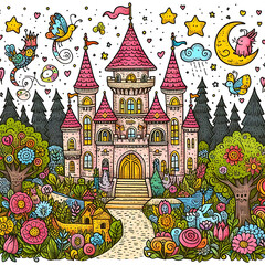 Naklejka premium Doodle art cartoon of a fairy tale castle in a magical kingdom