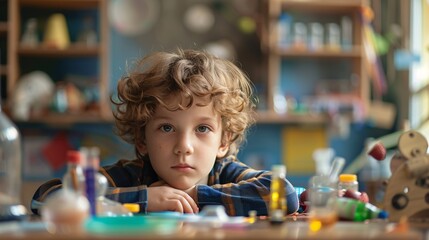A child focused on a hands-on science experiment at a desk, with various educational materials around, illustrating active learning and curiosity