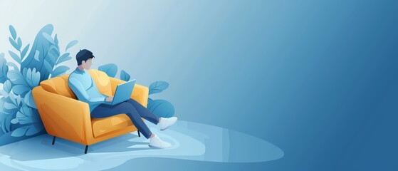 Man relaxing on couch, working on laptop. Blue and yellow color scheme.