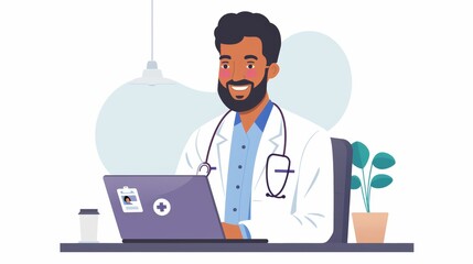 Smiling doctor working on laptop in his office.
