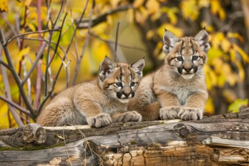 Fototapeta premium Two young cougars, perhaps siblings, are perched on a fallen log, their gaze fixed on something beyond the frame. The backdrop of vibrant yellow and orange leaves creates a stunning autumnal scene.