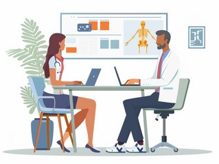 A female doctor is seated in a chair and a male doctor wearing a white coat is talking to her at a desk using a laptop.