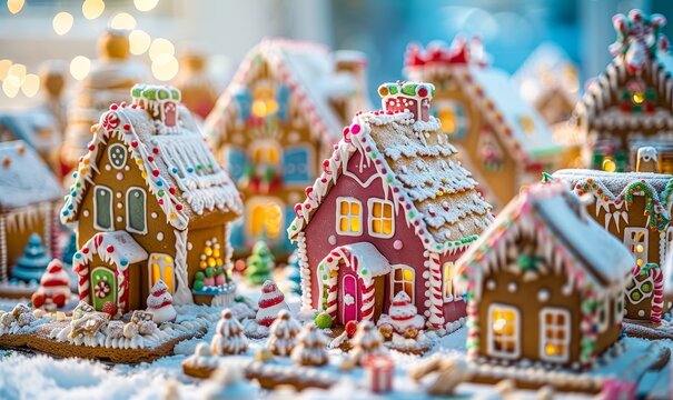 Christmas gingerbread city or town. Colorful christmas gingerbread house panorama, gingerman home - concept, Generative AI