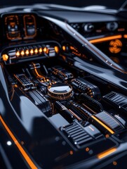 Fototapeta premium Close-up of a futuristic car's interior with glowing orange details.