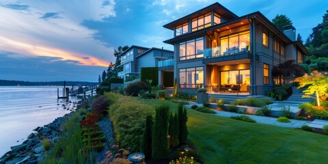 Obraz premium Beautiful Modern real estate House with Lush green Garden, Modern house