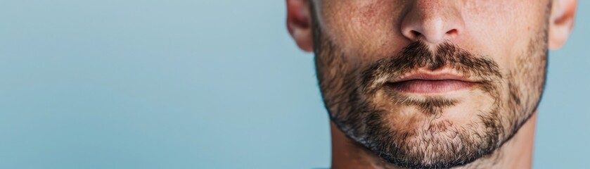 Obraz premium Close-up of a man's lower face with a well-groomed beard showing a confident expression and light blue background.