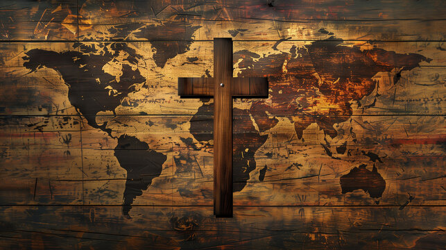 The cross of Jesus Christ placed on the world map: the concept of mission and global reach. This symbol reminds us of the need to spread Christian values ​​on every continent.