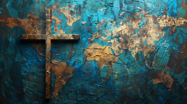 The cross of Jesus Christ placed on the world map: the concept of mission and global reach. This symbol reminds us of the need to spread Christian values ​​on every continent.