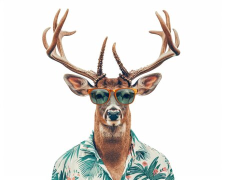 Deer in a summer shirt and shades, white background, summerthemed deer attire