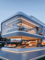 Fototapeta premium Modern futuristic house with glass facade and sleek design.